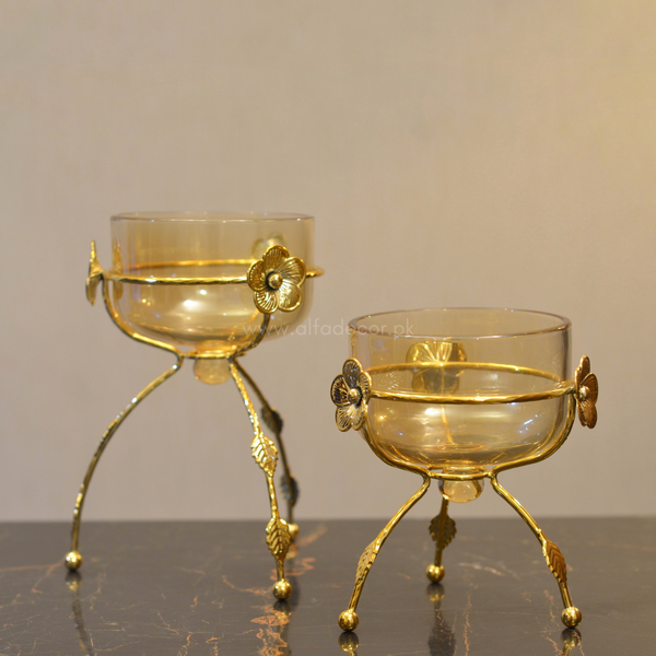 Golden Floral Glass Bowls – Elegant Duo on Designer Stand
