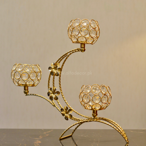 Golden Crystal Triple Candle Stand – Luxurious Floral Arc Design